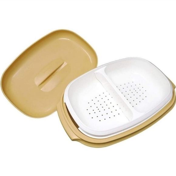 Vintage Tupperware Microwave Vegetable Steamer Harvest Gold 4 piece set 1273-7 - Picture 1 of 15